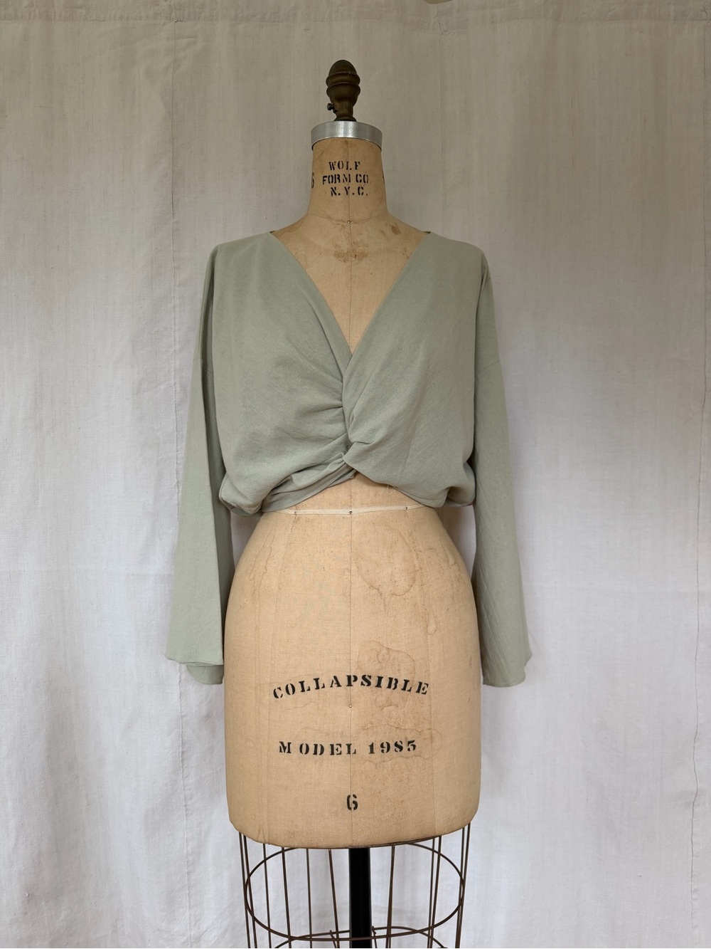 Sage Green Linen Blend Twist Front Bell Sleeve Crop Top